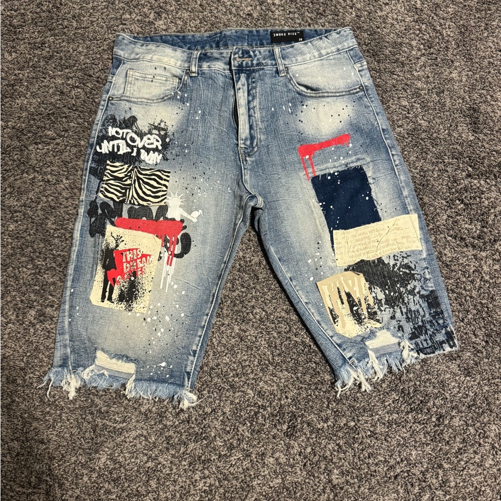 Blue Distressed Jean Shorts with Artistic Patches